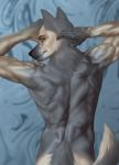  2019 5_fingers anthro athletic bare_back blue_eyes canid canine canis digital_media_(artwork) fingers fur grey_body grey_fur hi_res male mammal solo wolf z2727 