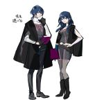  1boy 1girl alternate_costume alternate_universe blue_eyes blue_hair breasts byleth_(fire_emblem) byleth_(fire_emblem)_(female) byleth_(fire_emblem)_(male) cape comfeer fire_emblem fire_emblem:_three_houses garreg_mach_monastery_uniform gloves long_hair long_sleeves medium_hair pantyhose short_hair simple_background smile uniform white_background 