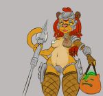  anthro areola armor breasts clothed clothing condom cosplay cougar digital_media_(artwork) erect_nipples eyeshadow felid feline female fishnet fishnet_legwear grey_background hair halloween hi_res holidays jack-o&#039;-lantern legwear long_hair long_tail looking_down looney_tunes makeup mammal melee_weapon miss_cougar_(new_looney_tunes) mostly_nude navel new_looney_tunes nipples nude polearm predator_(franchise) simple_background skimpy solo spear standing stupidgnoll warner_brothers weapon yautja 