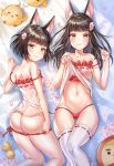  2girls :3 animal_ear_fluff animal_ears ass azur_lane bare_shoulders bed_sheet bird black_hair blurry cameltoe camisole chang_(user_rpea4874) chick collarbone commentary_request flower fox_ears glint groin hair_flower hair_ornament hands_up highres long_hair looking_at_viewer looking_back lying manjuu_(azur_lane) multiple_girls mutsu_(azur_lane) nagato_(azur_lane) navel on_back panties petals red_panties short_hair side-tie_panties skindentation smile stomach strap_slip thighhighs underwear white_legwear yellow_eyes 