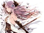  bangs bare_shoulders belt braid breasts brown_gloves bug butterfly cleavage commentary_request crown_braid draph elbow_gloves floating_hair from_side gloves granblue_fantasy hair_over_one_eye highres horns insect long_hair medium_breasts narmaya_(granblue_fantasy) parted_bangs parted_lips pink_hair pointy_ears polearm purple_eyes sideboob simple_background sleeveless upper_body venomrobo very_long_hair wavy_hair weapon white_background 