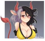  1girl animal_ears artist_name bare_shoulders black_hair blush border breasts cleavage collarbone commentary cow_ears cow_horns cow_tail gradient gradient_background grey_background grey_hair hair_between_eyes haori horns japanese_clothes large_breasts looking_at_viewer multicolored_hair off_shoulder outline outside_border red_eyes short_hair smile solo sports_bra tail touhou transparent_border twitter_username two-tone_hair upper_body ushizaki_urumi white_outline yulynn-chan 