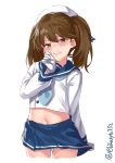  1girl bangs blue_neckwear blue_ribbon blue_sailor_collar blue_skirt blush breasts brown_eyes brown_hair buttons cosplay cowboy_shot ebifurya etorofu_(kantai_collection) etorofu_(kantai_collection)_(cosplay) gloves hair_between_eyes hat highres kantai_collection long_sleeves looking_at_viewer nose_blush open_mouth panties pleated_skirt ribbon ryuujou_(kantai_collection) sailor_collar sailor_hat school_uniform serafuku skirt skirt_pull small_breasts solo twintails undersized_clothes underwear wavy_mouth white_gloves white_headwear white_panties 