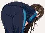  1girl ass ass_focus bangs bent_over black_pants blush brown_hair commentary_request eyebrows_visible_through_hair from_behind green_eyes grey_background idolmaster idolmaster_cinderella_girls long_hair looking_at_viewer looking_back naitou_kouse pants pantylines shibuya_rin short_sleeves simple_background solo thigh_gap track_pants track_suit very_long_hair 