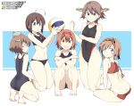  5girls ahoge barefoot beach_volleyball bikini black_bikini black_hair black_headband black_swimsuit blue_eyes braid brown_eyes brown_hair butt_crack character_name clothes_writing competition_swimsuit flipped_hair full_body grey_eyes hachimaki hair_ornament hair_over_shoulder hairband headband headgear headset hiei_(kantai_collection) kantai_collection kneeling light_brown_hair long_hair multiple_girls one-piece_swimsuit orange_eyes propeller_hair_ornament red_bikini red_hairband school_swimsuit shigure_(kantai_collection) shiratsuyu_(kantai_collection) short_hair single_braid sitting souji speaking_tube_headset sports_bikini swimsuit teruzuki_(kantai_collection) twin_braids two-tone_background volleyball white_background yokozuwari yukikaze_(kantai_collection) 