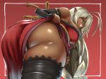  1girl antenna_hair ass bent_over black_legwear breasts commentary commentary_request dark_skin detached_sleeves highres large_breasts looking_at_viewer looking_back panties pointy_ears red_background sansei_muramasa shiny shiny_skin solo soukou_akki_muramasa tama_(tamakaka1031) tan underwear white_panties 