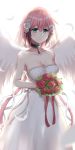  1girl alternate_costume angel_wings bangs bare_shoulders bouquet bow breasts bridal_veil bride chain cleavage collar collarbone dress elbow_gloves eyebrows_visible_through_hair feathered_wings feathers flower gloves green_eyes hair_between_eyes hair_flower hair_ornament hair_ribbon highres ikaros large_breasts long_hair looking_at_viewer pink_hair red_flower red_ribbon red_rose ribbon rose solo sora_no_otoshimono standing strapless strapless_dress veil very_long_hair wedding_dress white_bow white_dress white_flower white_ribbon white_rose wings ying_jing_meng 