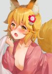  1girl animal_ear_fluff animal_ears bangs blonde_hair blush breasts brown_eyes collarbone commentary_request eyebrows_visible_through_hair fangs flower fox_ears fox_girl fox_tail grey_background hair_between_eyes hair_flower hair_ornament hand_up highres japanese_clothes kelly_0w0 kimono long_hair long_sleeves open_clothes open_kimono open_mouth pink_kimono red_flower saliva senko_(sewayaki_kitsune_no_senko-san) sewayaki_kitsune_no_senko-san simple_background small_breasts solo sweat tail tail_raised wide_sleeves 