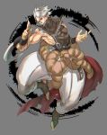  1boy arm_blade bare_shoulders belt blade chipp_zanuff earring_removed grey_background guilty_gear guilty_gear_2020 hand_gesture highres male_focus muscle open_mouth puffy_pants red_eyes solo sutegoro teeth torn_clothes turtleneck upper_teeth weapon white_hair zipper_pull_tab 