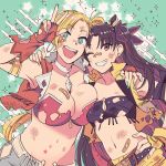  +_+ 2girls bandaid black_hair blonde_hair blue_eyes breast_press breasts bruise calamity_jane_(fate/grand_order) earrings fate/grand_order fate_(series) fingerless_gloves gloves grin hand_on_another&#039;s_shoulder hand_on_hip highres hoop_earrings injury jewelry large_breasts midriff multiple_girls nail_polish navel one_eye_closed red_eyes shorts side_ponytail small_breasts smile space_ishtar_(fate) sparkle torn_clothes twintails v yukataro 