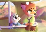  anthro black_nose blurred_background canid canine cheek_tuft clothed clothing dipstick_ears disney duo ears_down face_tuft fox fur gloves_(marking) gondola grey_body grey_fur head_tuft hi_res inner_ear_fluff judy_hopps lagomorph leporid looking_at_another mammal markings milkydoq multicolored_ears necktie nick_wilde pink_nose pivoted_ears police_uniform purple_eyes rabbit red_fox sad shirt topwear tuft uniform white_body white_fur zootopia 