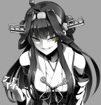  1girl absurdres ahoge bangs bare_shoulders breasts detached_sleeves double_bun ebiblue eyebrows_visible_through_hair gesugao greyscale hairband hand_up headgear highres japanese_clothes kantai_collection kongou_(kantai_collection) long_hair looking_at_viewer monochrome nontraditional_miko open_mouth remodel_(kantai_collection) school_uniform shaded_face slit_pupils smile solo spot_color yellow_eyes 