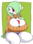  2019 big_breasts blush breasts cleavage_cutout clothing embarrassed female gardevoir hand_on_breast hi_res humanoid keyhole_turtleneck nintendo not_furry pok&eacute;mon pok&eacute;mon_(species) red_eyes simple_background sitting solo sugaru sweater thick_thighs topwear underwear video_games 