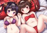  2girls :o anchor_hair_ornament ass azur_lane bangs bare_arms bare_shoulders bed_sheet bikini blush breasts brown_hair eyebrows_visible_through_hair hair_ornament hairband hairpods halter_top halterneck hand_up hands_up highres holding_hands large_breasts long_hair looking_at_viewer lying mochiyuki multiple_girls navel ning_hai_(azur_lane) o-ring o-ring_bikini o-ring_top on_back parted_lips pillow ping_hai_(azur_lane) purple_bikini purple_eyes purple_hair red_bikini red_eyes small_breasts spread_legs swimsuit tears twintails wavy_mouth white_hairband 