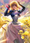  1girl arms_up backlighting blonde_hair blue_eyes blue_jacket blue_sky brooch buckle cloud dress field flower flower_field gloves hair_between_eyes hair_intakes hair_ribbon highres jacket jewelry lipstick makeup outdoors red_ribbon ribbon skirt sky smile solo standing strap violet_evergarden violet_evergarden_(character) white_dress white_neckwear white_skirt yang_fan 