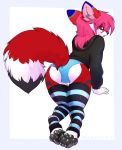  2019 4_toes 5_fingers anthro black_pawpads blue_eyes canid canine clothed clothing digital_media_(artwork) female fingers fox fur hair magenta7 mammal pawpads pink_hair red_body red_fur simple_background smile solo toes white_background 