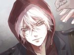  1boy 1other akihaasagi blue_eyes devil_may_cry devil_may_cry_4 dripping dutch_angle eyebrows_visible_through_hair eyes_visible_through_hair hair_between_eyes highres hood hood_up hoodie male_focus nero_(devil_may_cry) parted_lips rain wet white_hair 