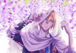  1boy belt blonde_hair blue_eyes blue_neckwear bracer cape dated flower hair_between_eyes hood hooded_cape male_focus necktie outdoors parted_lips solo sorges touken_ranbu upper_body white_background white_hood wisteria yamanbagiri_kunihiro 