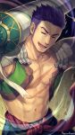  1boy :d abs artist_name bare_chest caladbolg chest_scar closed_eyes fate/grand_order fate_(series) fergus_mac_roich_(fate/grand_order) green_pants hagino_kouta male_focus navel open_mouth over_shoulder pants purple_hair scar signature smile solo upper_body v-shaped_eyebrows weapon weapon_over_shoulder 