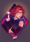 1girl \m/ blood blue_eyes castlevania castlevania_(netflix) castlevania_iii:_dracula&#039;s_curse cloak detached_sleeves glowing glowing_eyes iahfy lips magic pose red_eyes scratches short_hair signature simple_background solo sypha_belnades 