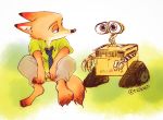  abstract_background anthro barefoot black_nose bottomwear canid canine cheek_tuft claws clothed clothing dipstick_tail disney duo face_tuft fox fully_clothed fur inner_ear_fluff km02 looking_at_another machine mammal multicolored_tail necktie nick_wilde orange_body orange_fur pants pixar red_fox robot shirt sitting toe_claws topwear tuft wall-e zootopia 