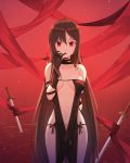  1girl bangs bare_shoulders black_choker black_dress black_gloves breasts brown_hair center_opening choker collarbone consort_yu_(fate) dress elbow_gloves fakegeo fate/grand_order fate_(series) gloves gradient gradient_background highres long_hair looking_at_viewer medium_breasts navel open_mouth red_background red_eyes red_ribbon revealing_clothes ribbon ribbon-trimmed_dress solo sword thighs very_long_hair weapon 
