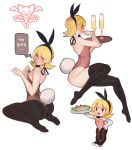  1boy alcohol animal_ears areola_slip areolae artist_name ass bangs bare_shoulders black_hairband black_legwear blonde_hair blush bow bowtie brown_eyes bunny_ears bunny_girl bunny_tail bunnysuit champagne champagne_flute chibi crossdressing cup detached_collar drinking_glass fake_animal_ears fake_tail hairband highres leotard looking_at_viewer looking_back medium_hair multiple_views nose_blush original otoko_no_ko pantyhose seiza sitting speech_bubble standing strapless strapless_leotard tail thighhighs toxxy tray white_background wrist_cuffs 