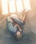  1boy aki_(neyuki41028) aldnoah.zero barefoot closed_eyes fetal_position jewelry lying pendant prison_clothes short_hair silver_hair slaine_troyard 