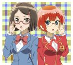  2girls :o bangs blazer blue_eyes blunt_ends bokutachi_wa_benkyou_ga_dekinai bow breasts brown-framed_eyewear brown_eyes brown_hair hair_ornament hairclip houkago_saikoro_club jacket long_sleeves medium_breasts multiple_girls ogata_rizu onomekaman oono_midori orange_hair plaid plaid_background red_bow school_uniform semi-rimless_eyewear short_hair simple_background standing trait_connection upper_body 