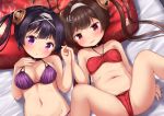  2girls :o anchor_hair_ornament ass azur_lane bangs bare_arms bare_shoulders bed_sheet bikini blush breasts brown_hair eyebrows_visible_through_hair hair_ornament hairband hairpods halter_top halterneck hand_up hands_up highres holding_hands large_breasts long_hair looking_at_viewer lying mochiyuki multiple_girls navel ning_hai_(azur_lane) o-ring o-ring_bikini o-ring_top on_back parted_lips pillow ping_hai_(azur_lane) purple_bikini purple_eyes purple_hair red_bikini red_eyes small_breasts spread_legs swimsuit tan tears twintails wavy_mouth white_hairband 