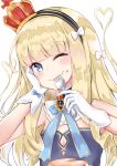  1girl ;) anchor_symbol azur_lane bangs bare_shoulders black_hairband blonde_hair blue_bow blue_dress blue_eyes bow breasts closed_mouth commentary_request crown dress eating eyebrows_visible_through_hair fang fang_out food food_on_face fork fork_in_mouth gloves hair_bow hairband hand_on_own_face head_tilt heart heart_hair highres holding holding_fork koda_(k-works) long_hair mini_crown one_eye_closed queen_elizabeth_(azur_lane) simple_background small_breasts smile solo strapless strapless_dress tilted_headwear upper_body white_background white_bow white_gloves 