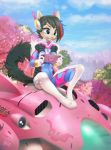  2018 anthro black_hair blizzard_entertainment blue_eyes blue_highlights breasts cherry_blossom chikachi clothing cosplay d.va_(overwatch) dannyckoo day domestic_cat felid feline felis female hair hi_res highlights_(coloring) mammal open_mouth outside overwatch pink_nose plant red_highlights sitting smile solo tight_clothing tresertf video_games 