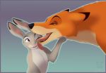  ambiguous_gender black_nose blue_background canid canine cheek_tuft claws dipstick_ears disney duo face_tuft fangs feral feralized fox fur gradient_background green_eyes grey_body grey_fur judy_hopps lagomorph leporid licking looking_at_another lynxbrush mammal multicolored_ears nick_wilde one_eye_closed orange_body orange_fur pink_nose purple_eyes rabbit red_fox simple_background tan_body tan_fur teeth tongue tongue_out tuft zootopia 