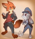  anthro barefoot black_nose bottomwear brown_background canid canine cellphone clothed clothing crossed_arms dipstick_ears disney duo fox fully_clothed fur green_eyes grey_body grey_fur hi_res holding_cellphone holding_object holding_phone inner_ear_fluff judy_hopps lagomorph leporid looking_at_another mammal multicolored_ears nick_wilde orange_body orange_fur pants phone pink_nose police_uniform rabbit red_fox shirt simple_background standing tan_body tan_fur tapping_foot thegreatrouge topwear tuft uniform zootopia 