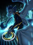  2019 4_fingers anthro detailed_background digital_media_(artwork) dragon fingers horn lukiri male membrane_(anatomy) membranous_wings scalie solo tron western_dragon wings yellow_eyes 