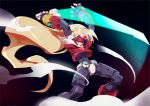  1boy android bangs blonde_hair bracelet clenched_teeth cloud covered_eyes energy_sword fingerless_gloves girouette gloves holding jewelry kon_(kin219) long_hair male_focus model_z ponytail rockman rockman_zx solo standing sword teeth visor weapon wind 