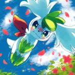  ambiguous_gender bodily_fluids bush_(disambiguation) cloud dripping embarrassed flower fluffy fluffy_tail flying fur genital_fluids green_body green_eyes green_fur green_paws leg_markings legendary_pok&eacute;mon looking_at_viewer looking_down low-angle_view markings motion_lines nintendo omorashi plant pok&eacute;mon pok&eacute;mon_(species) shaking shaymin shaymin_(sky_form) short_tail sky socks_(marking) solo trembling urine video_games white_body white_fur worm&#039;s-eye_view さたん 