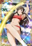  1girl armpits arms_up bangs barefoot bra breasts brown_eyes brown_hair buruma card_(medium) clenched_teeth collarbone floating_hair groin hair_ribbon headdress ikkitousen jumping long_hair motion_blur navel red_bra red_buruma ribbon shiny shiny_hair sideboob small_breasts solo sparkle sports_bra sweat teeth ten&#039;i_(ikkitousen) underwear v-shaped_eyebrows very_long_hair white_ribbon 