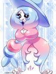  2019 abstract_background armless big_breasts black_eyes blue_background blue_hair breasts cleavage clothed clothing female hair hatterene hi_res humanoid izzebizze long_hair nintendo not_furry open_mouth pink_hair pok&eacute;mon simple_background solo standing unknown_pok&eacute;mon video_games white_background 