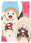  absurdres blonde_hair cosplay green_eyes hainchu highres lillie_(pokemon) long_hair midriff musashi_(pokemon) musashi_(pokemon)_(cosplay) navel open_mouth pokemon pokemon_(game) pokemon_sm smile stomach team_rocket_uniform white_headwear 