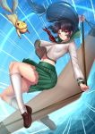  1girl adsouto artist_name black_hair blue_ribbon blue_sky boomerang brown_eyes brown_footwear closed_mouth collared_shirt cosplay day floating_hair green_sailor_collar green_skirt grey_shirt hair_intakes hair_ribbon highres higurashi_kagome higurashi_kagome_(cosplay) holding inuyasha kirara_(inuyasha) kneehighs loafers long_hair long_sleeves low-tied_long_hair midriff miniskirt neckerchief outdoors pleated_skirt red_neckwear ribbon sailor_collar sailor_collar_lift sailor_shirt sango school_uniform serafuku shiny shiny_hair shirt shoes skirt sky smile solo stomach very_long_hair white_legwear 