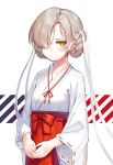  1girl alternate_costume azur_lane blonde_hair blush bow braid closed_mouth cowboy_shot expressionless hair_bow hair_over_one_eye hakama highres japanese_clothes kimono kiyosato0928 long_sleeves looking_at_viewer miko own_hands_together red_bow red_hakama ribbon-trimmed_sleeves ribbon_trim sheffield_(azur_lane) solo striped striped_background white_background white_bow white_kimono yellow_eyes 