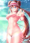 1girl :o areolae blue_eyes breasts brown_hair double_bun from_below groin highres jiaxi_daze long_hair looking_at_viewer medium_breasts mei_(pokemon) navel nintendo nipples nude pokemon solo thighs underboob 