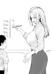  1boy 1girl age_difference bangs_pinned_back breasts collared_shirt commentary english_commentary glasses greyscale highres inne_sulistya_robin large_breasts long_hair marker math monochrome norman_maggot original pencil_skirt shirt skirt sleeves_pushed_up teacher whiteboard 