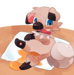  ambiguous_gender blue_eyes blush bodily_fluids brown_body brown_fur chest_tuft collar dipstick_ears feral fluffy fluffy_tail fur genital_fluids lying multicolored_ears nintendo on_side pee_pad peeing pok&eacute;mon pok&eacute;mon_(species) rockruff tears tuft urine video_games さたん 