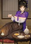  1girl alcohol banned_artist black_hair blue_eyes breasts chopsticks cup drinking_glass food hanbok kkamja korean_clothes large_breasts original skirt smile tofu traditional_clothes 