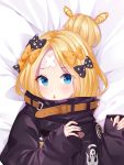  1girl abigail_williams_(fate/grand_order) bakugadou bandaid_on_forehead bangs black_bow black_jacket blonde_hair blue_eyes blush bow breasts crossed_bandaids fate/grand_order fate_(series) forehead hair_bow hair_bun heroic_spirit_traveling_outfit high_collar jacket long_hair looking_at_viewer multiple_bows open_mouth orange_belt orange_bow parted_bangs polka_dot polka_dot_bow sleeves_past_wrists small_breasts solo 