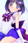  1girl back_bow bishoujo_senshi_sailor_moon black_hair bob_cut bow brooch choker circlet closed_mouth cowboy_shot earrings elbow_gloves gloves himewachi jewelry looking_at_viewer magical_girl out_of_frame pleated_skirt purple_bow purple_eyes purple_neckwear purple_sailor_collar purple_skirt sailor_collar sailor_saturn sailor_senshi_uniform short_hair signature skirt smile solo star star_choker super_sailor_saturn tomoe_hotaru white_gloves 