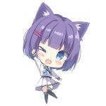  &gt;_o 1girl ;d animal_ear_fluff animal_ears arm_up bangs black_legwear blue_bow blue_eyes blush bow chibi collared_shirt commentary_request dress_shirt eyebrows_visible_through_hair fang fox_ears full_body hair_ornament hairclip highres long_sleeves looking_at_viewer one_eye_closed open_mouth pleated_skirt purple_hair rukiroki saeki_sora sasugano_ruki shirt simple_background skirt sleeves_past_wrists smile solo standing standing_on_one_leg thighhighs v-shaped_eyebrows white_background white_shirt white_skirt 