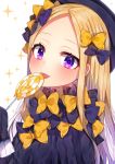  1girl abigail_williams_(fate/grand_order) akirannu black_bow black_dress black_headwear blonde_hair blush bow candy commentary_request dress fate/grand_order fate_(series) food forehead hair_bow hat highres holding holding_food holding_lollipop licking lollipop long_hair long_sleeves looking_at_viewer orange_bow polka_dot polka_dot_bow purple_eyes sleeves_past_fingers sleeves_past_wrists solo sparkle swirl_lollipop tongue tongue_out upper_body white_background 